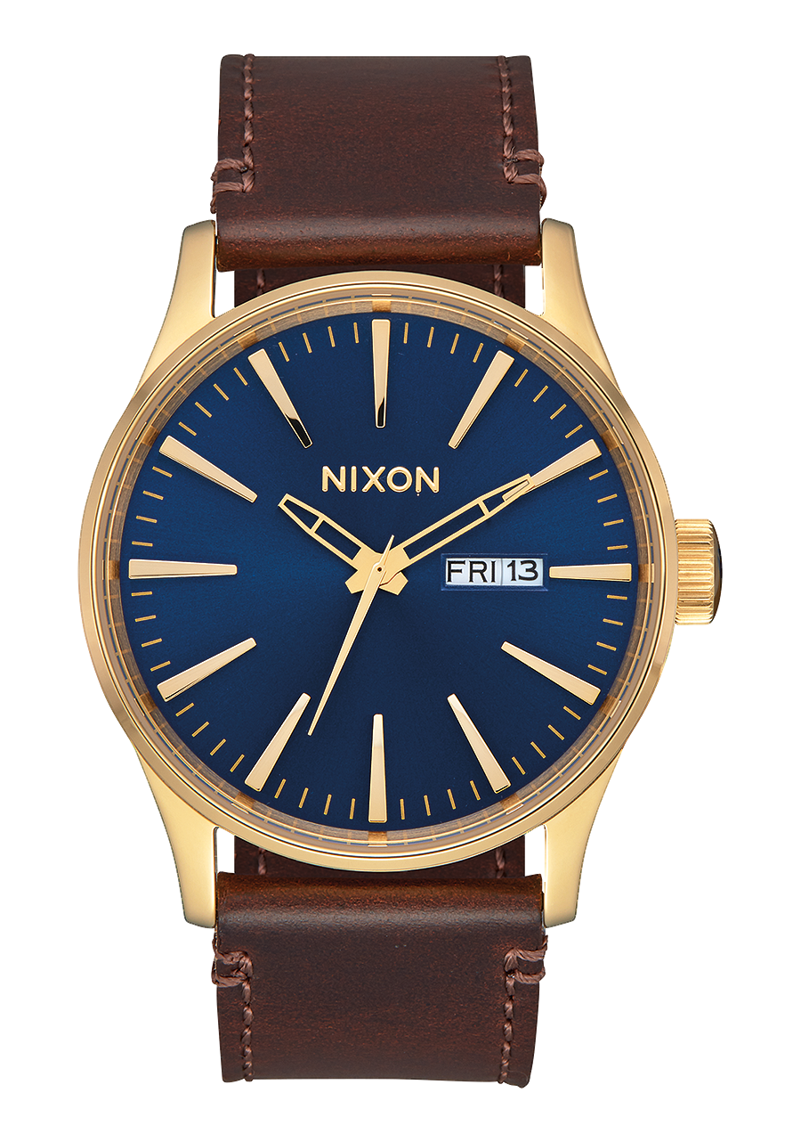
NIXDEV01 Sentry Leather Analog Watch - Polished Gold / Navy Sunray - View 1