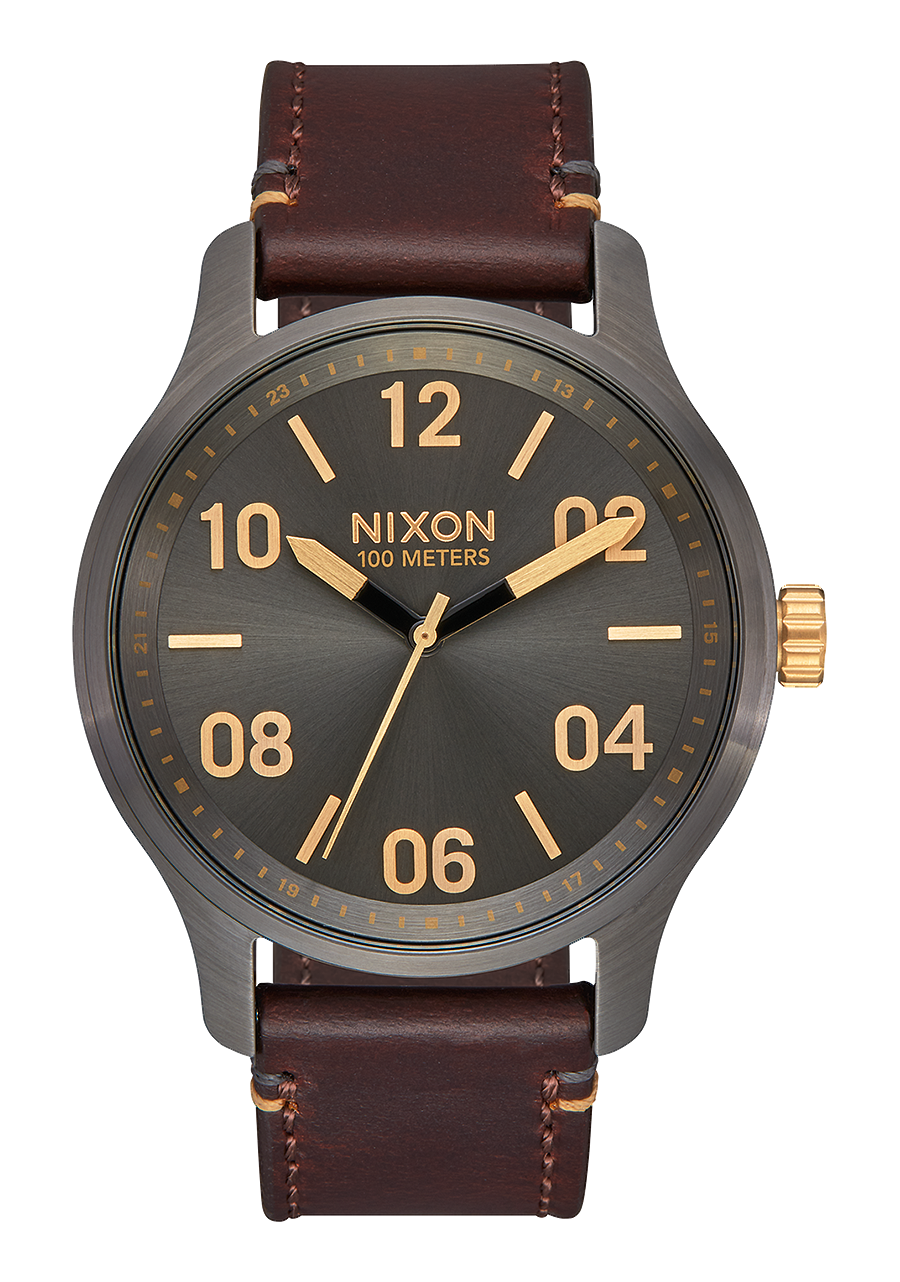 
NIXDEV01 Patrol Leather Analog Watch - Gunmetal / Gold - View 1
